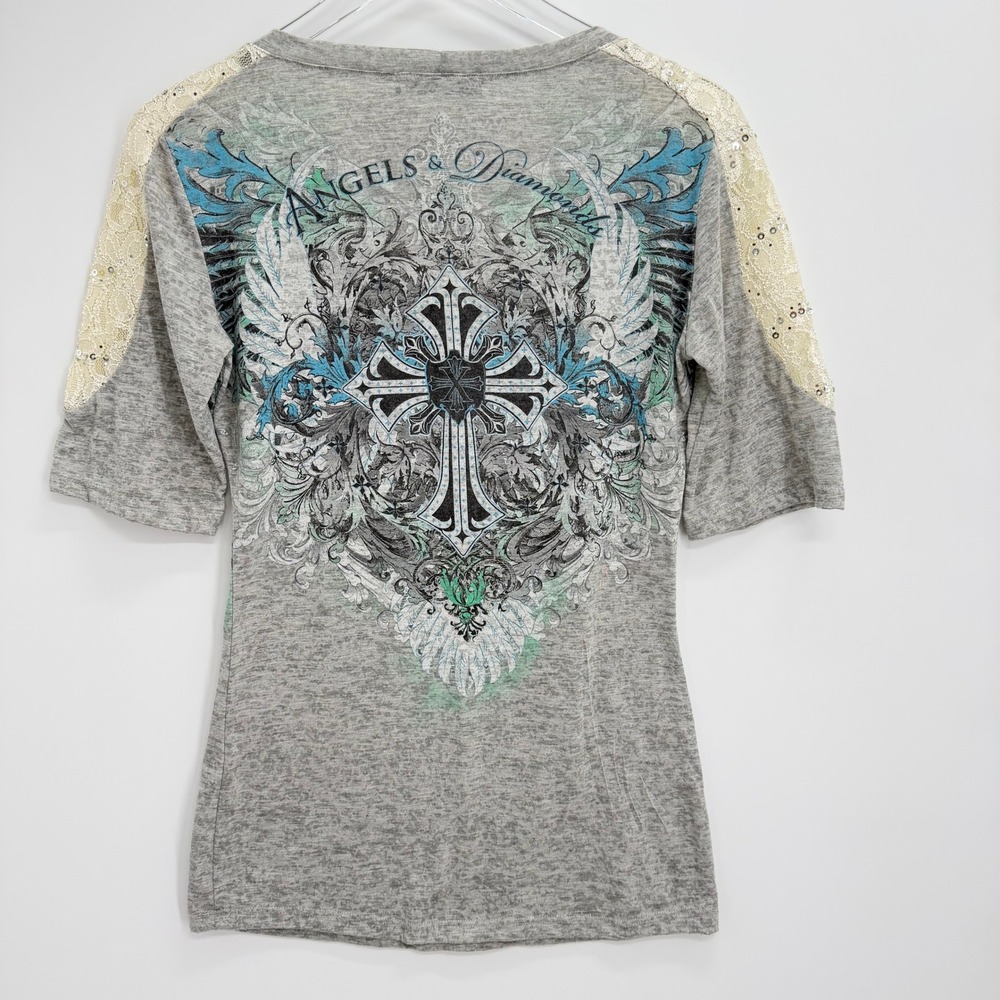 Y2K Angels & Diamonds Cross Graphic Rhinestone Lace Top Size M Bling Embellished - Picture 5 of 10